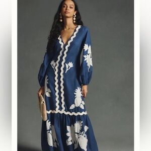 Farm Rio Embroidered Long-Sleeve Dress Size small  Blue